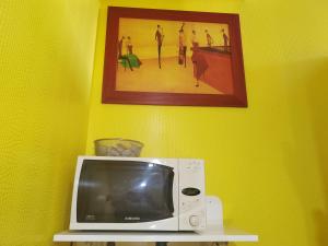 un micro-ondes sur une étagère avec une photo sur le mur dans l'établissement L'Escale, chambres chez l'habitant, au Mans