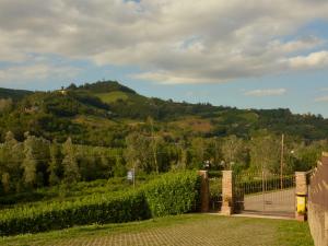a fence with a mountain in the background at Vigna Dell'Acqua in Santo Stefano Belbo