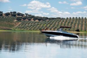 a black boat on a lake with a vineyard at Herdade da Cortesia Hotel in Avis