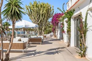 a resort patio with tables and chairs and palm trees at Best Club Vacaciones Pueblo Indalo in Mojácar