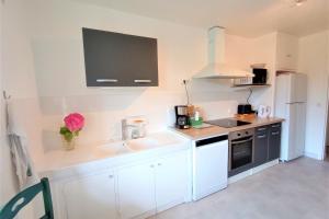 a kitchen with white cabinets and black appliances at Le Florin d'Or - Bords de Creuse in Saint-Gaultier