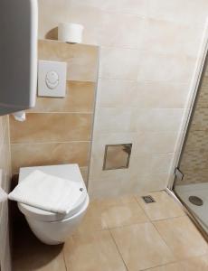 a bathroom with a white toilet and a shower at Božikovina Beach Rooms in Podstrana