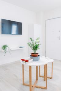 Apartamento El EnTorno في Valle de Abdalagís: طاولة عليها كتب وزرع الفخار