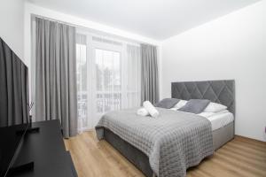 a bedroom with a bed and a large window at Studio W/Balcony @ManoŠventovė, By Cohost in Palanga +34 photos