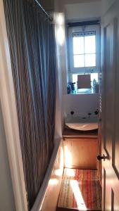 a bathroom with a shower curtain and a window at Charming and Cosy Canary Wharf Room with Stunning Views in London