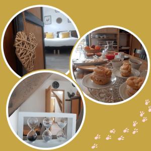 a collage of three pictures of a table with food and glasses at Maison d hôtes et table gourmande Au vert des lys in Haverskerque +15 photos