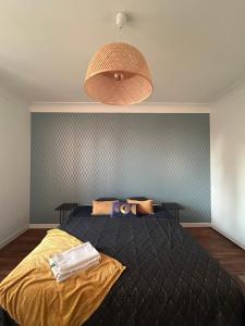 a bedroom with a large bed and a lamp at douces nuits in Vierzon +6 photos