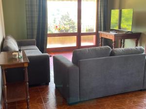 a living room with two couches and a table at Villa Debora in Ponte nellʼAlpi