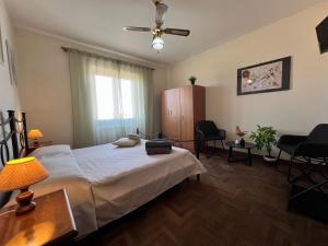 Un dormitorio con una cama y un ventilador de techo. en Giardino Degli Aranci B&B, en Ponte Galeria