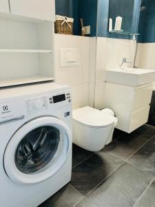 a bathroom with a washing machine and a toilet at One Apartments NordOne Iulius Town in Timişoara +16 photos
