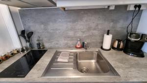 a kitchen counter with a stainless steel sink at Studio Cosy - Manoir Securisé - Avon in Avon +12 photos