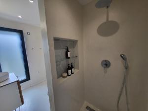 a bathroom with a shower with a window and a sink at Maison familiale in Le Teich +6 photos