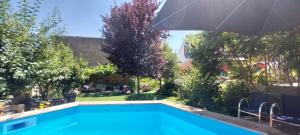 a swimming pool in a yard with an umbrella at MyWay Albergue de Peregrinos in Astorga