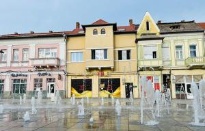 a group of buildings with a fountain in a square at Apartament Vlad in Turda