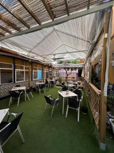 restauracja ze stołami i krzesłami na zielonym piętrze w obiekcie Hostal Avenida Andalucia - Solo Adultos w Sewilli