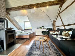 a living room with a couch and a fireplace at Hof Vierzehnender im Hohen Venn - 70qm Fachwerk-Studio - grosses Wohn-Schlafzimmer mit Dachterrasse und Kaminofen - separate Küche - perfekt für Paare - Monschau - Eifel - Hunde willkommen - Islandpferde in Monschau