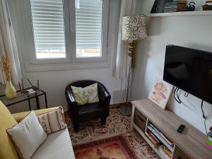 a living room with a chair and a television at Apartamento's Montiño in O Grove