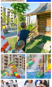 uma colagem de fotos de uma criança brincando em um parquinho em Cascadas pool view luxury apartment Sunny beach em Sunny Beach