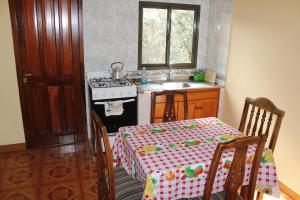 uma cozinha com uma mesa, um fogão e um lavatório em Hospedaje Los Vencejos em Puerto Iguazú