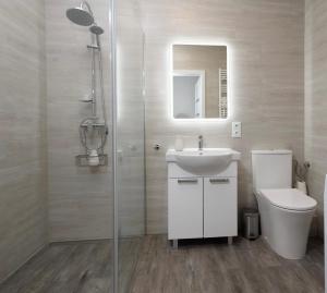 a bathroom with a toilet and a sink and a shower at Apartament Malina in Kutno +13 photos