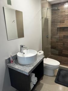 a bathroom with a sink and a toilet at Increíble depa frente al mar in Mazatlán