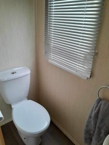 a bathroom with a white toilet and a window at Escape to the bay- arnside escapes in Morecambe