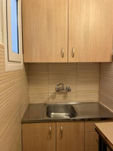 キアトにあるPefkias Apartmentsのシンクと木製のキャビネットを備えたキッチン