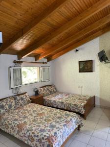 a bedroom with two beds and a wooden ceiling at Paris sea view studio in Platamonas