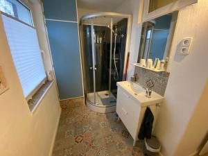 a bathroom with a shower and a sink at Ferienwohnung 1 Klangweberei im Frankenwald in Helmbrechts