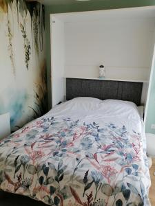 a bed with a colorful blanket on it in a bedroom at Parenthèse et spa à deux pas de la place Stanislas in Malzéville