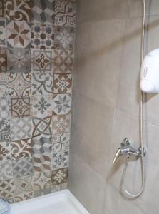 ラルナカにあるLayiotis Hotelのタイル張りの壁のバスルーム(シャワー付)