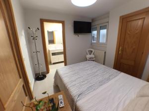 Un dormitorio con una cama y un escritorio y una ventana. en Pensión La Estación, en Logroño