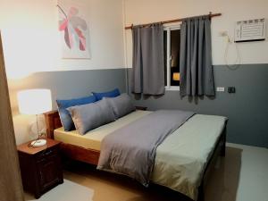 a bedroom with a bed with blue walls and a window at Diez Dregger Fully Furnished Apartments in Valencia