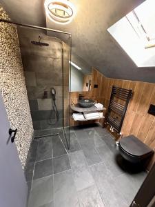 a bathroom with a shower and a toilet and a sink at Prestige House Delux in Curtea de Argeş +49 photos