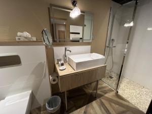 a bathroom with a sink and a shower at Le 19 - Chambre Patio 34m2 - Centre Historique - Clim in Langeac +13 photos