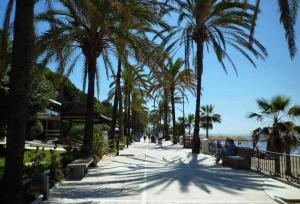 a sidewalk with palm trees and a person sitting on a bench at Spacious duplex apartment families and couples in Manilva