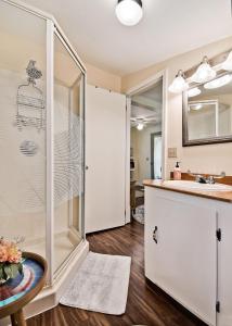 une salle de bain avec douche et lavabo dans l'établissement Sara's Cottage, à Eureka Springs