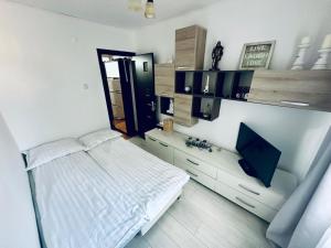 a bedroom with a bed and a television in it at Beni's Residence in Arad