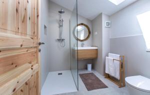 a bathroom with a shower and a toilet and a sink at Apartmaji Robida in Sežana +44 photos