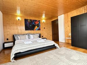 a bedroom with a bed and a painting on the wall at Prater House Mountain View in Moieciu de Jos +41 photos