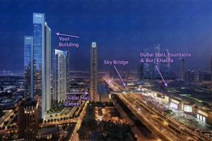 een skyline van de stad 's nachts met veel hoge gebouwen bij LUXE | 2BR | Burj Khalifa View | Dubai Mall Access in Dubai