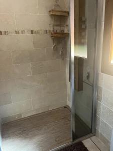 a shower with a glass door in a bathroom at Appartement spacieux à L'Argentière-la-Bessée, terrasse et jardin in LʼArgentière-la-Bessée +5 photos