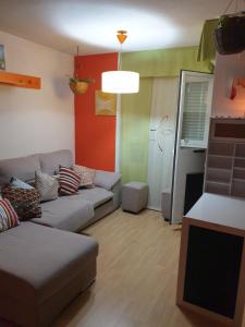 a living room with a gray couch and a red wall at DOGGY House&hosting DOGS&FAMILY in Parla +52 photos