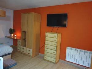 a bedroom with an orange wall with a television and a dresser at DOGGY House&hosting DOGS&FAMILY in Parla