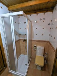 a small bathroom with a shower and a toilet at O Val de Vilaboa in Bóveda +33 photos