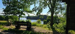 a park bench sitting in the grass near a lake at Mietwohnwagen in Carpin