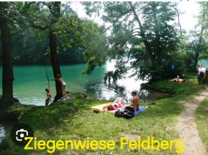 a group of people on the shore of a lake at Mietwohnwagen in Carpin