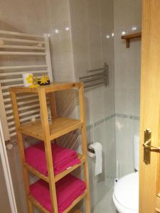 a bathroom with a toilet and a shelf with towels at DOGGY House&hosting DOGS&FAMILY in Parla