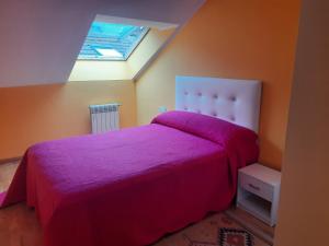 1 dormitorio con 1 cama con colcha rosa en Cangas Alameda, en Cangas de Onís