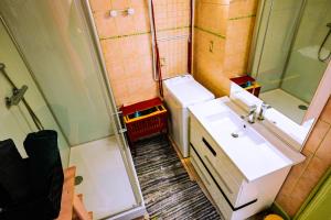 une petite salle de bain avec un lavabo et une douche dans l'établissement Le St Amour Élégant 2 chambres *Wifi/Super Centre*, à Besançon 15 autres photos